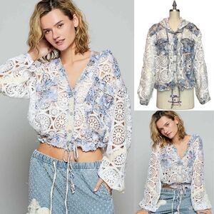 POL Floral Lace Jean Jacket in Blue and White